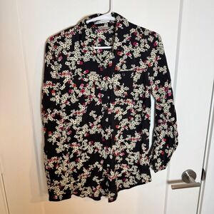 Van Heusen Studio Black Floral Print Button‎ Up Shirt Womens XS Petite